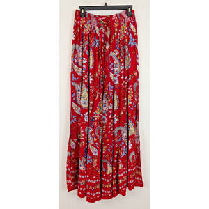 Bila sz M Long Maxi Skirt red paisley floral rayon festival hippie fairy 0541
